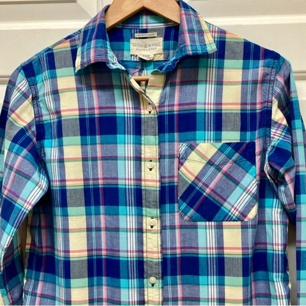 Ralph Lauren RL boyfriend button down cotton shirt, plaid, blue & yellow, S